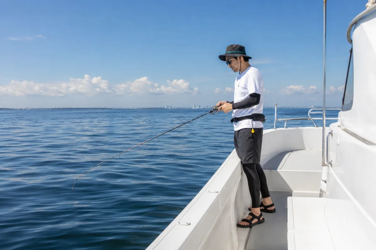 遊漁船のデッキで竿を片手に持ち、砂地の底を丁寧に探る釣り人。夏の晴れた日、穏やかな東京湾が広がる