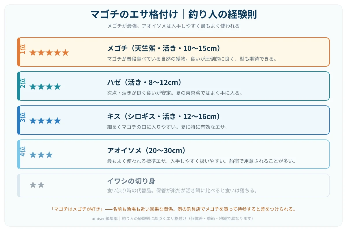 マゴチのエサ格付け図。1位メゴチ（星5）から5位イワシ切り身（星2）まで5段階で格付け。各エサの特徴と使いどころを説明