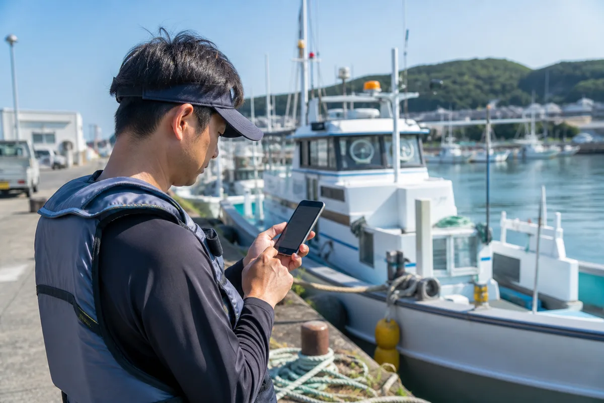 出船前の港で船宿の釣果情報をスマートフォンで確認する釣り人