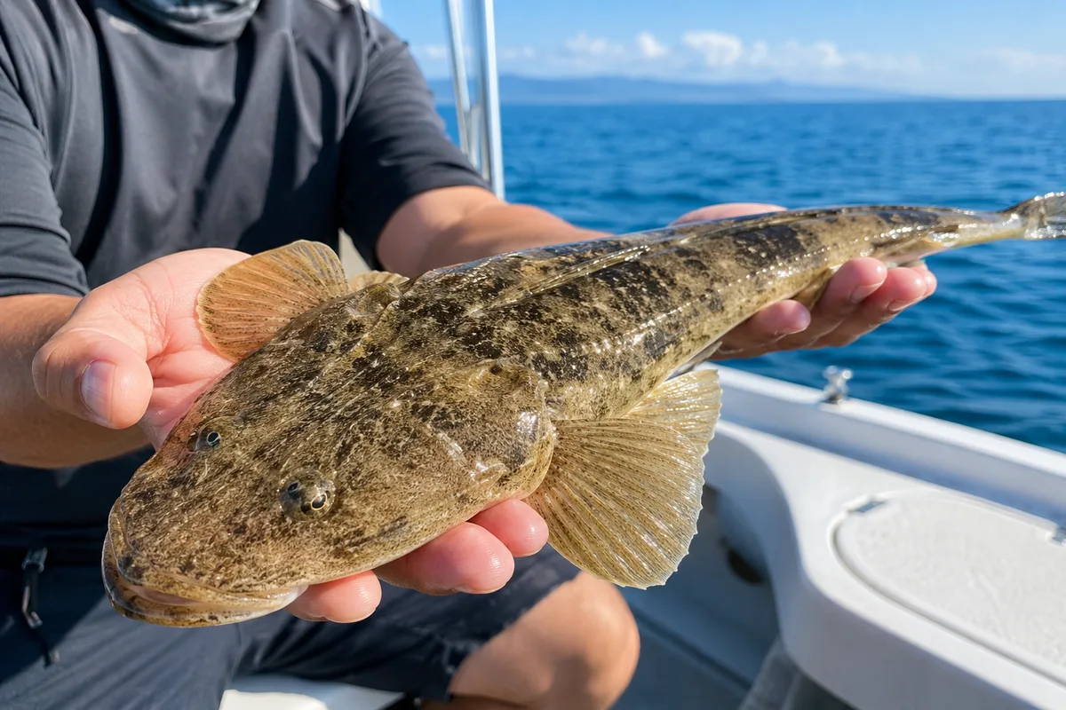 釣り立てのマゴチを持つ手元。太くて平べったいシルエット。背景に夏の海が見える