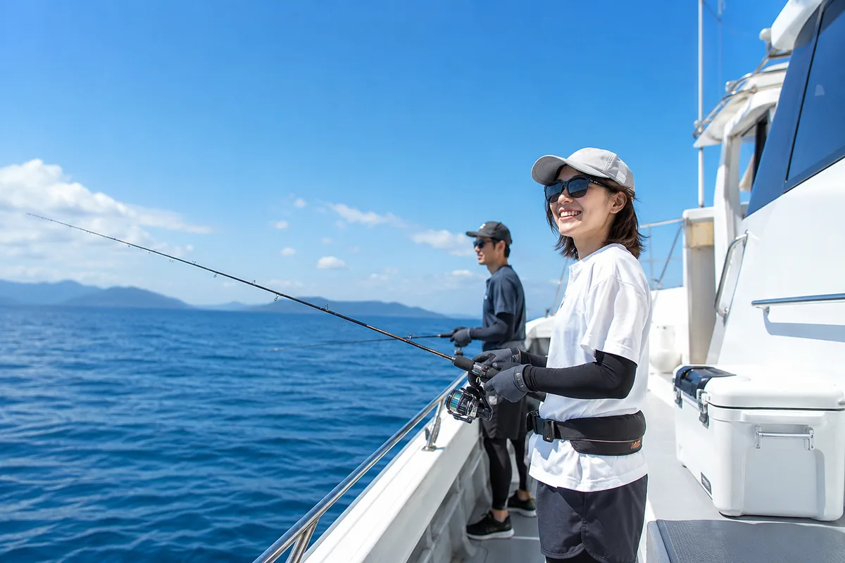 夏の船上で偏光グラスとアームカバーを装備して釣りを楽しむ釣り人。クーラーボックスを横に置き、晴天の海が広がる