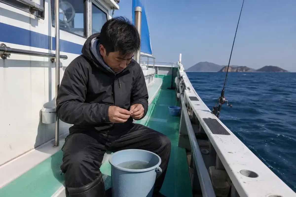 乗合船で活きエサを丁寧に扱う泳がせ釣りの準備場面