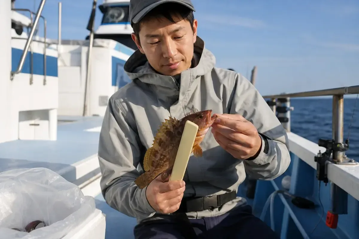 乗合船でマハタを安全に取り扱う釣り人