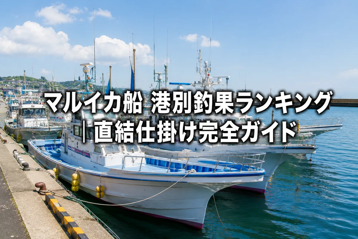 マルイカ船が並ぶ昼下がりの港と「マルイカ船 港別釣果ランキング｜直結仕掛け完全ガイド」の文字が入る写真
