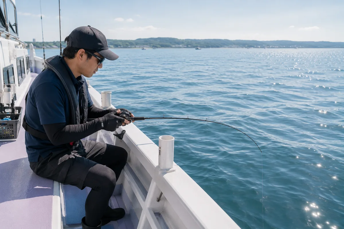 マルイカ船のデッキでゼロテン竿を静かに構える釣り人。昼間の穏やかな海面が広がる