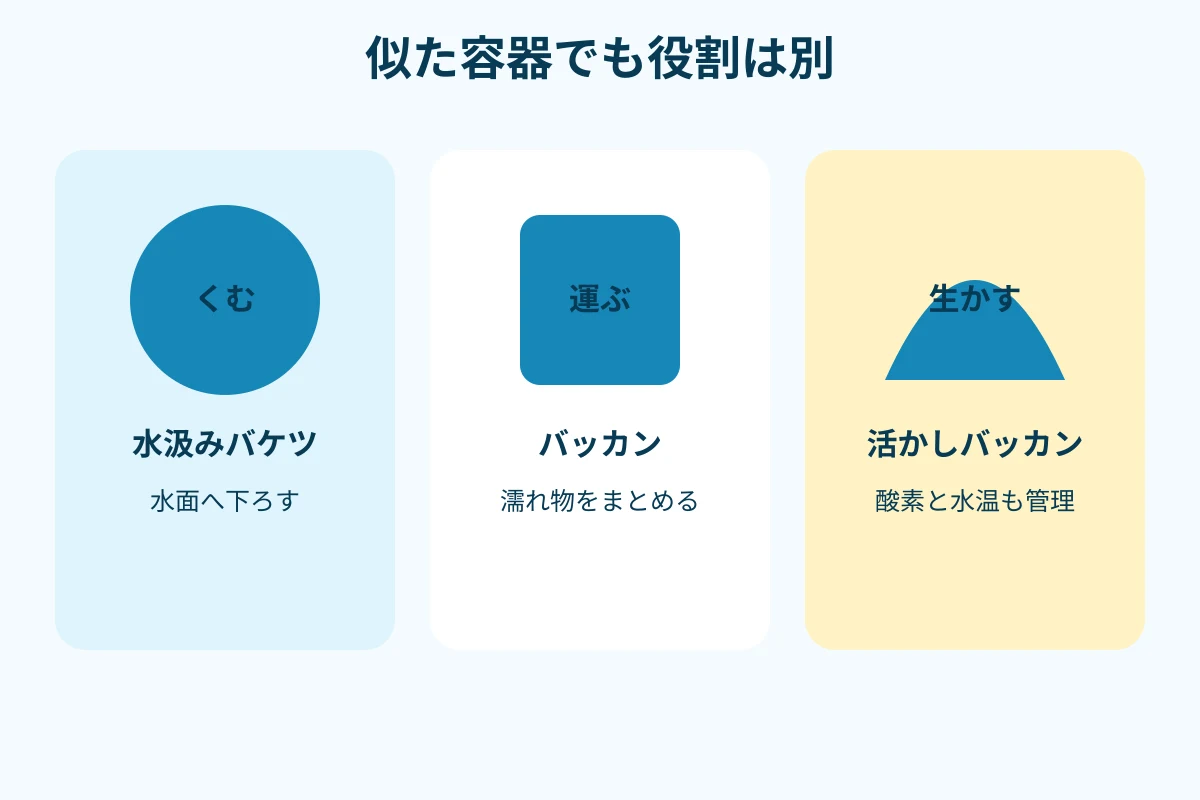 水汲みバケツ、バッカン、活かしバッカンの役割比較