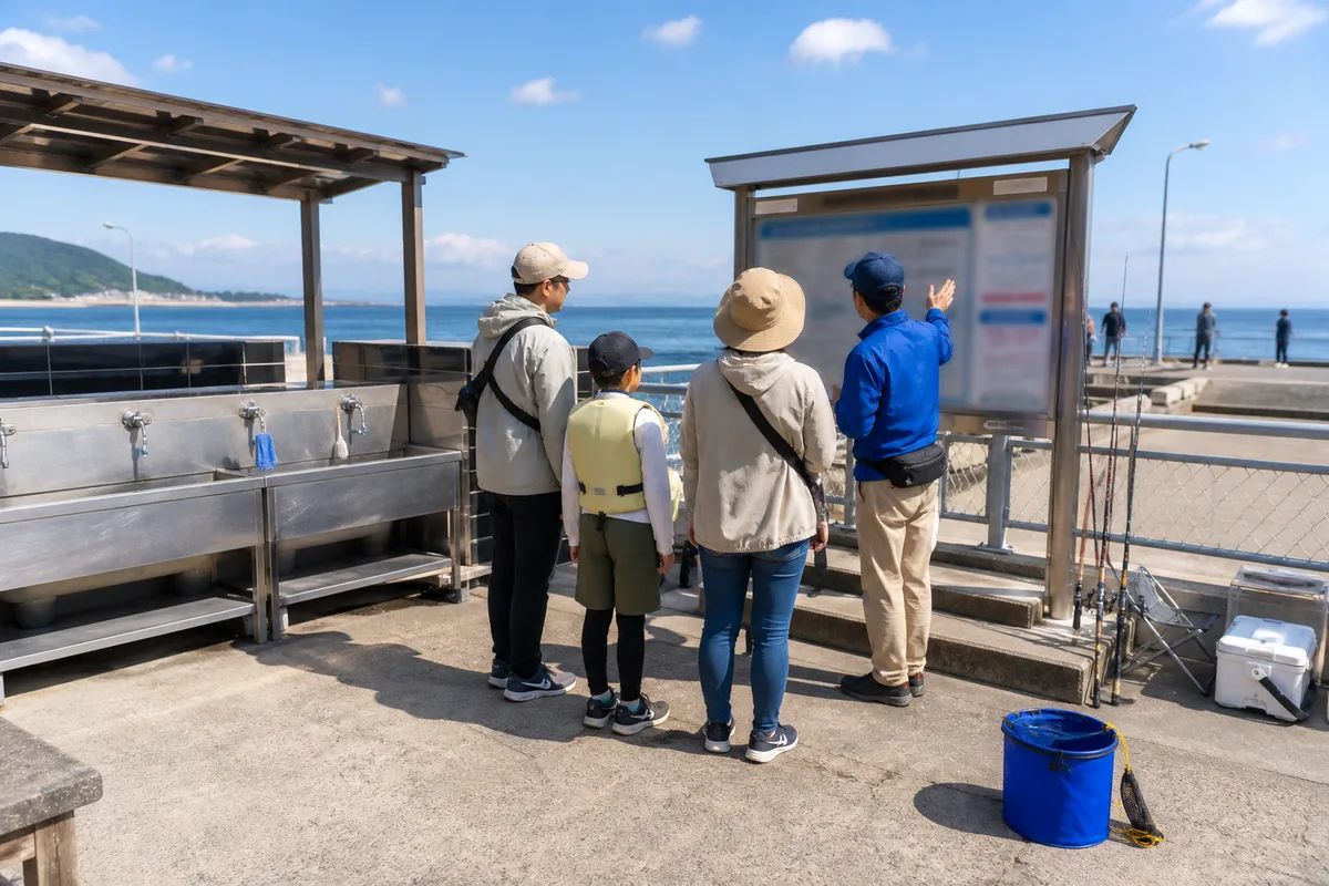 管理釣り場の掲示と共用設備を確認してから準備する家族