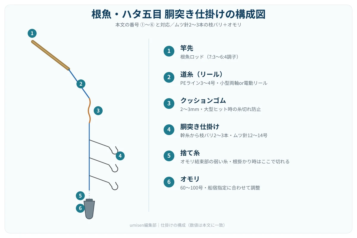根魚・ハタ五目仕掛けの構成図。竿先からリール・クッションゴムと続き、幹糸から2〜3本のムツ針の枝バリが伸び、一番下に捨て糸を介したオモリがある仕掛け全体の図解
