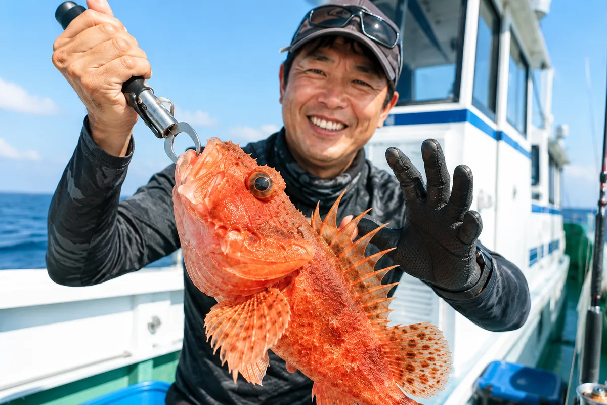 オニカサゴを片手に持ち、もう片方の手にフィッシュグリップを構えて背びれの毒棘に注意しながら魚を扱う釣り人のクローズアップ写真。明るい船上、清潔感のある構図