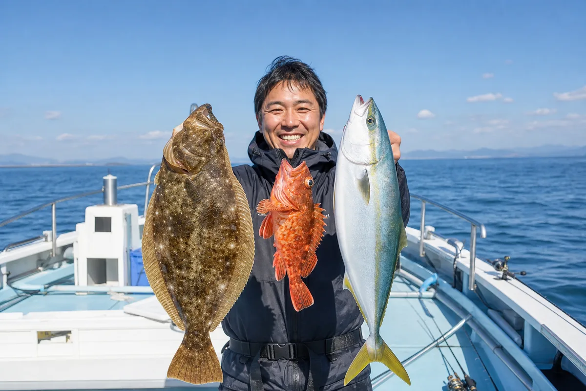 泳がせ五目の主な候補魚であるヒラメ・カサゴ・ブリを並べて見せるイメージ写真