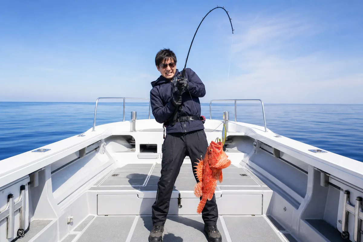 深海の岩礁帯でオニカサゴを釣り上げ、竿を大きく曲げて引き寄せる釣り人。穏やかな海面と船のデッキが写る