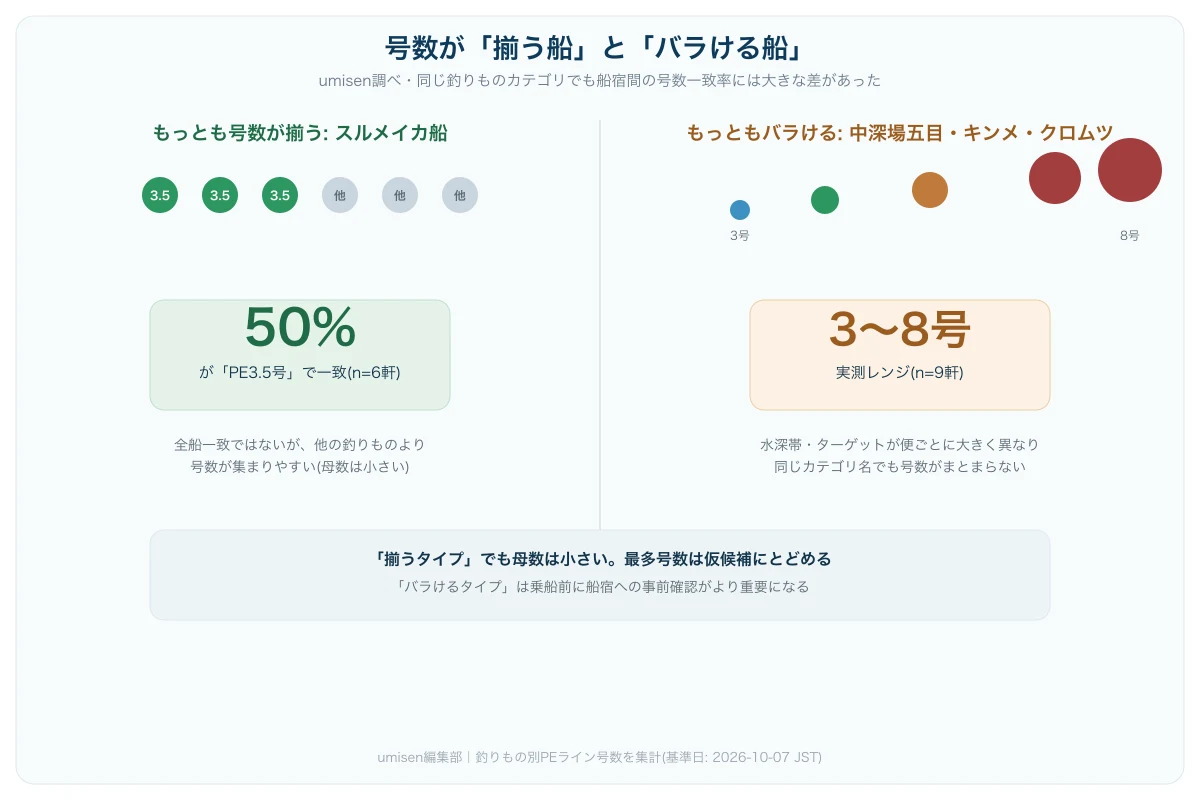 釣りもの別のPE号数の一致率を比較したインフォグラフィック。最も号数が揃う釣りものと、号数の幅が最大の釣りものを左右に対比させ、それぞれの実測レンジを図示している