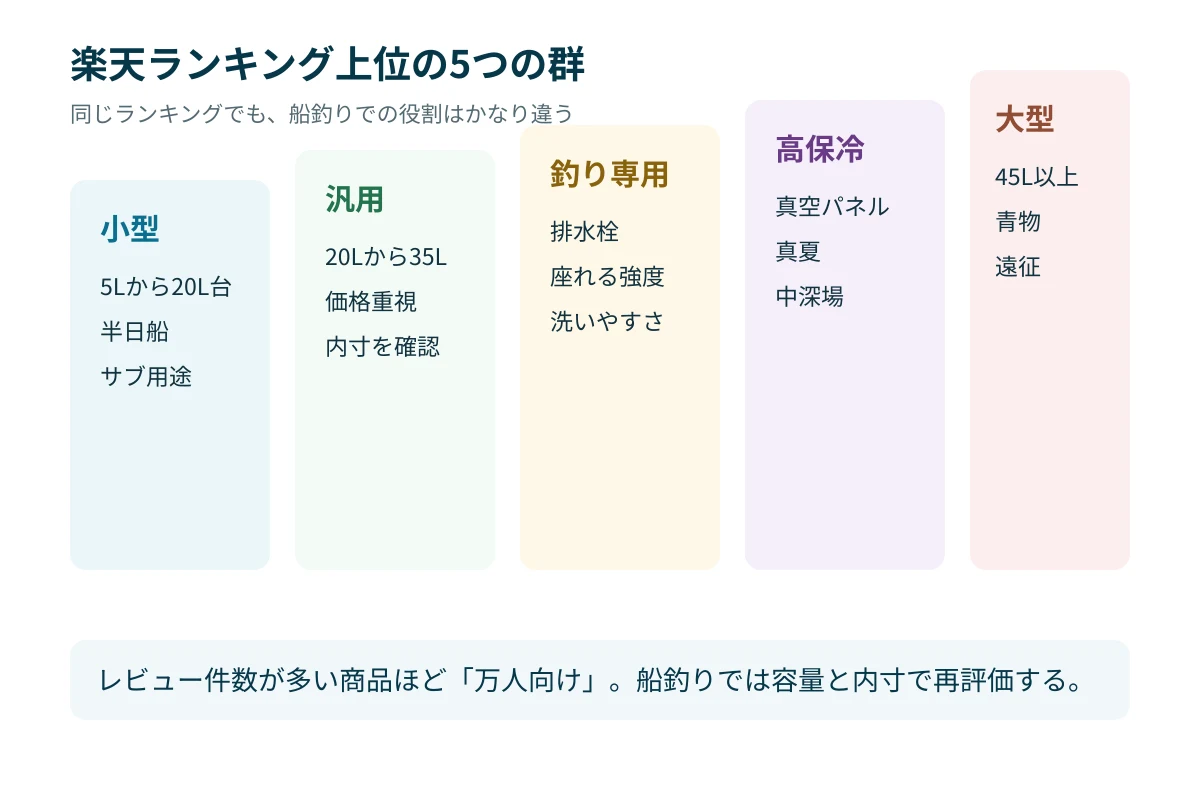 楽天ランキング上位を小型、汎用、中型、大型、釣り専用高保冷の5群に分けた比較図