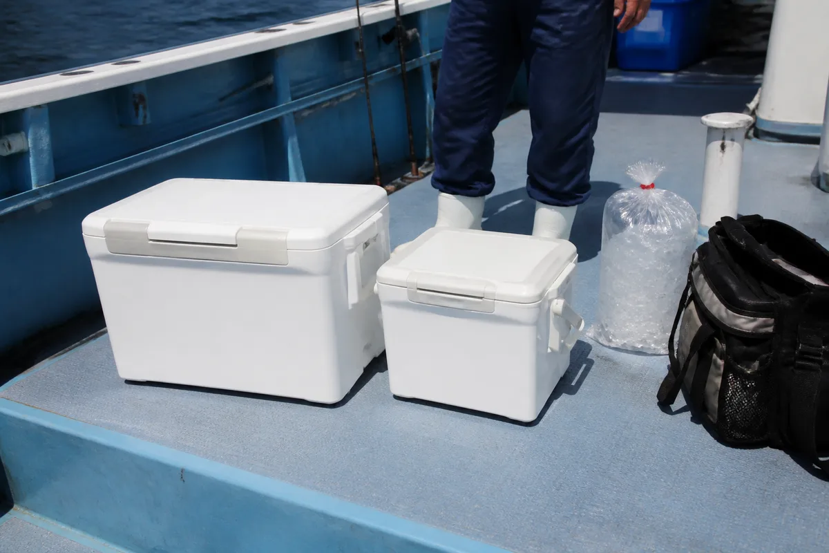 25Lと30Lのクーラーボックスを船上の足元に置き、氷と魚の余白を比較している場面