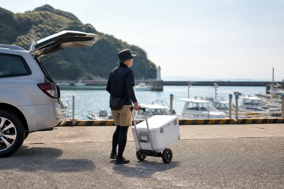 大型クーラーボックスを港の台車に載せ、車から船着き場へ運ぶ釣り人の場面