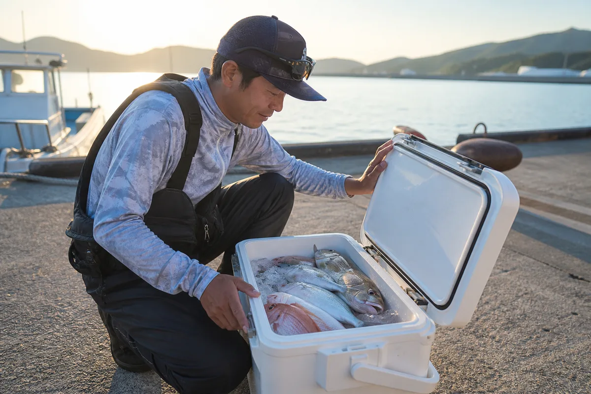 港で釣行後のクーラーボックスを開け、魚と氷が無理なく収まっていることを確認する場面