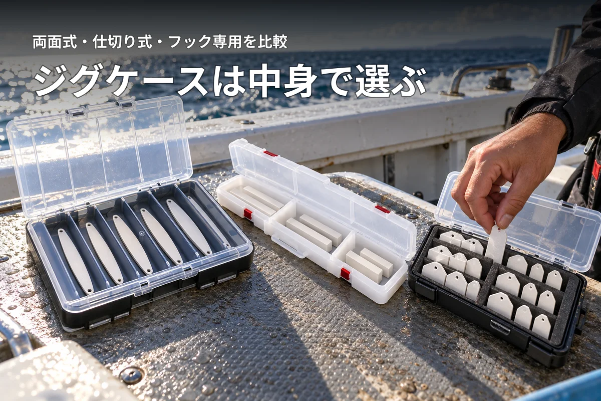 船上で両面式、可変仕切り式、フック専用式のケースを比べる様子
