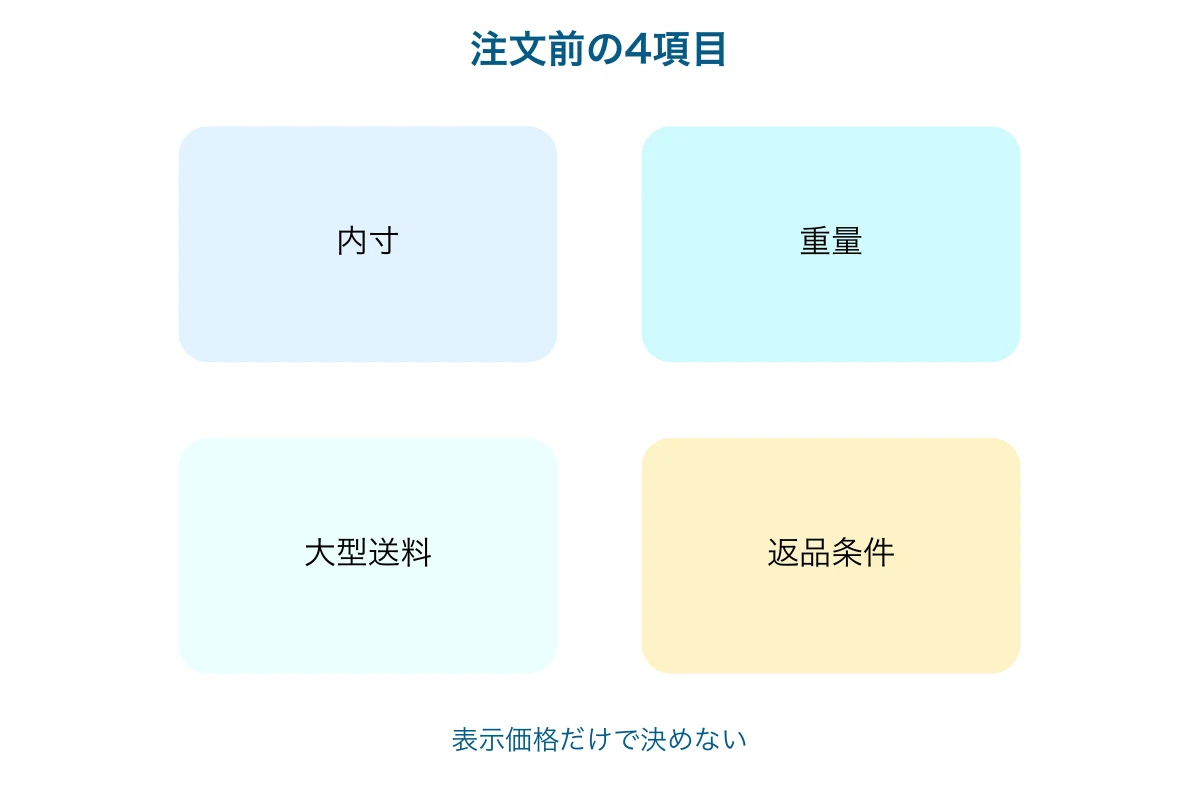 通販の商品仕様で内寸、重量、送料、返品条件を確認する画面の図