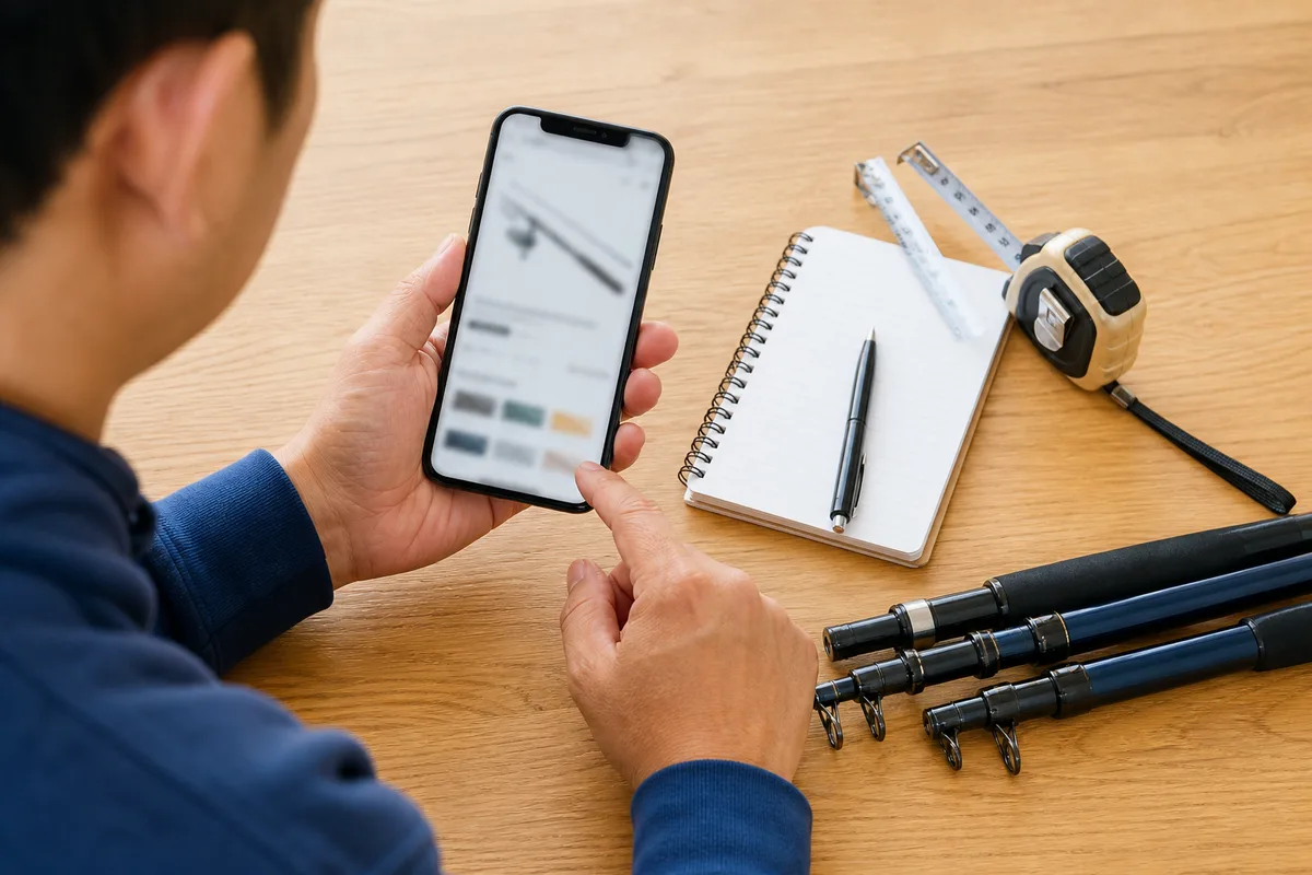 スマートフォンの商品ページで内寸と返品条件を確認している手元