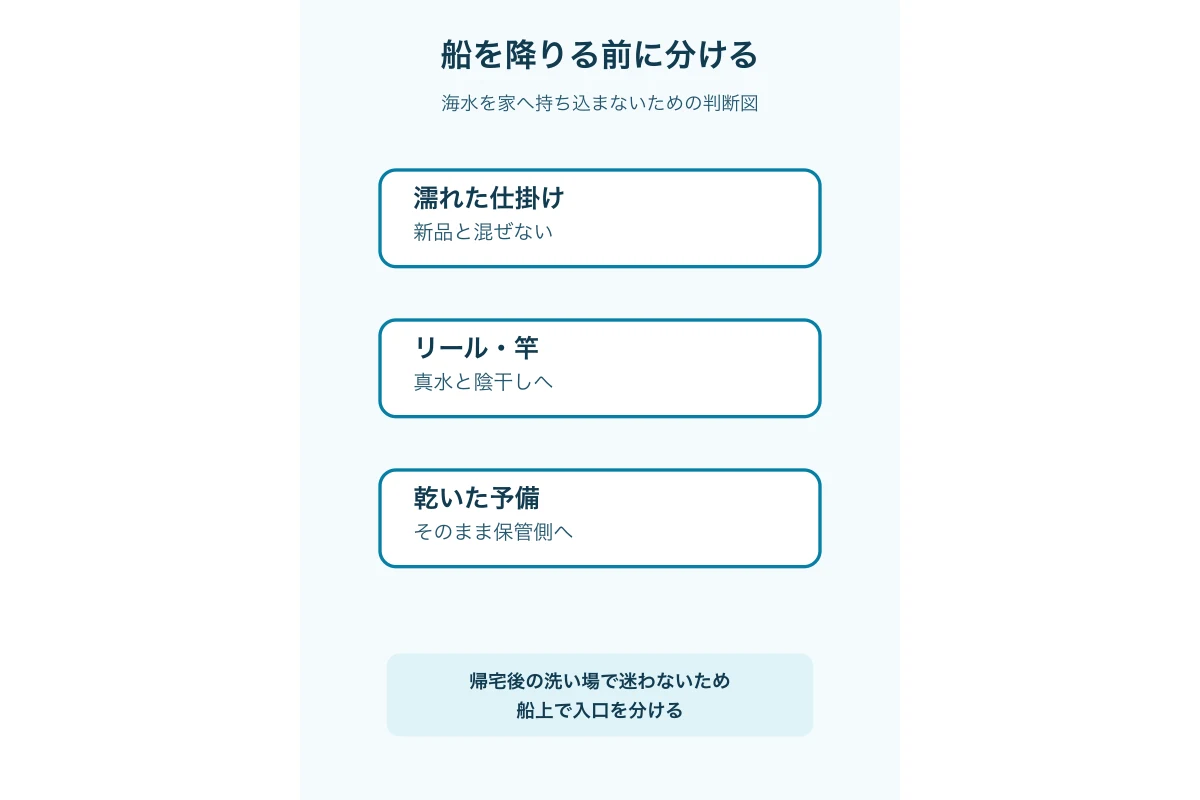 船を降りる前に濡れ物と乾いた予備を分ける図