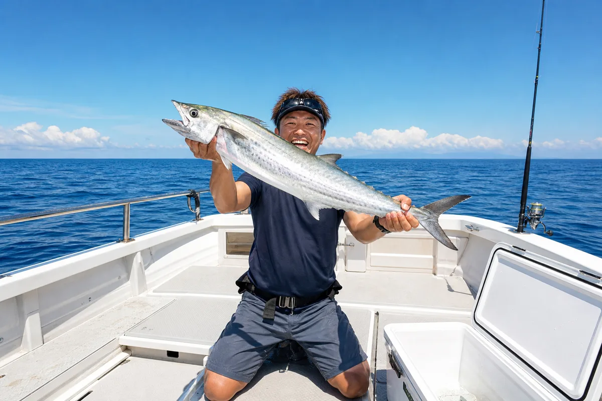 開いたクーラーボックスのそばで銀色のサワラを両手で掲げる釣り人