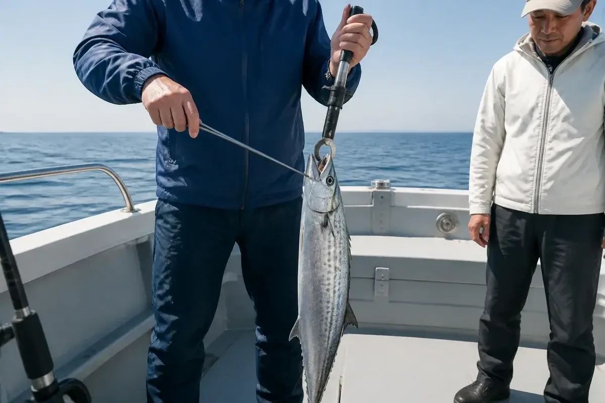 サワラの口元から距離を取り、魚体保持具と長いプライヤーを使う釣り人の写真