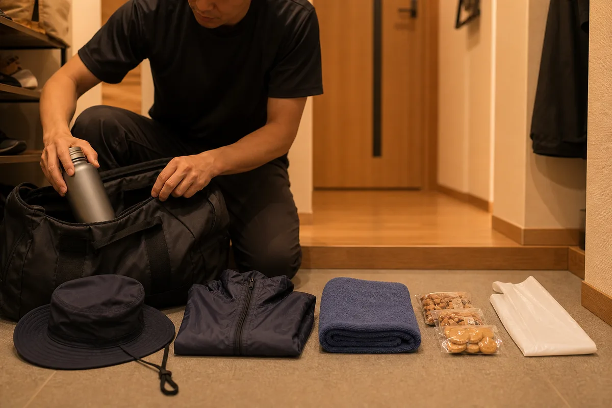 前夜に玄関で、飲み物、軽食、タオル、雨具、帽子、エチケット袋をバッグへまとめる準備風景