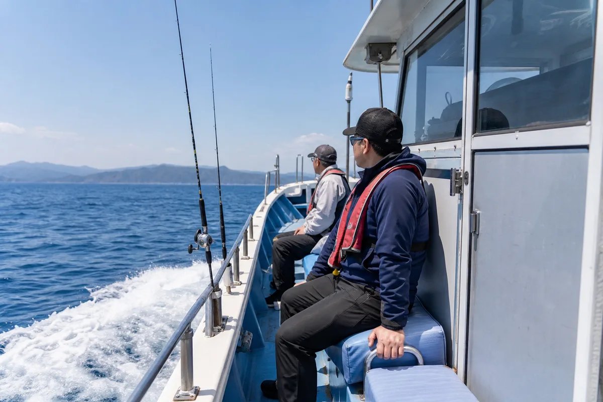 航行中の釣り船で、座席に腰掛けて頭を安定させ、進行方向を見る乗船者