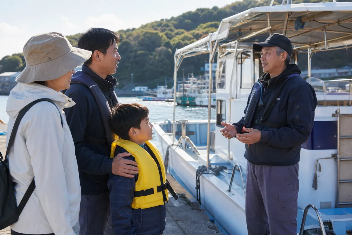 短時間便の出船前、保護者が子どもの表情を確認しながら船長の説明を聞く様子