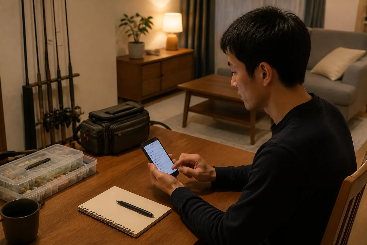 帰宅後、スマートフォンのメモに睡眠、食事、海況、最初の症状を記録する釣り人