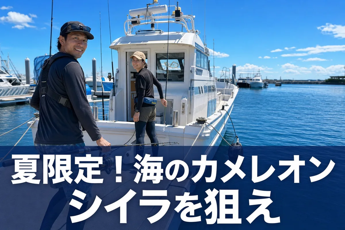 夏の青空の下、シイラ・ルアー船が出港するマリーナ。清潔感のある乗合船と笑顔で乗船準備をする釣り人。「夏限定！海のカメレオン シイラを狙え」と大きく書かれた文字が画面下部に入る、明るく上質な写真