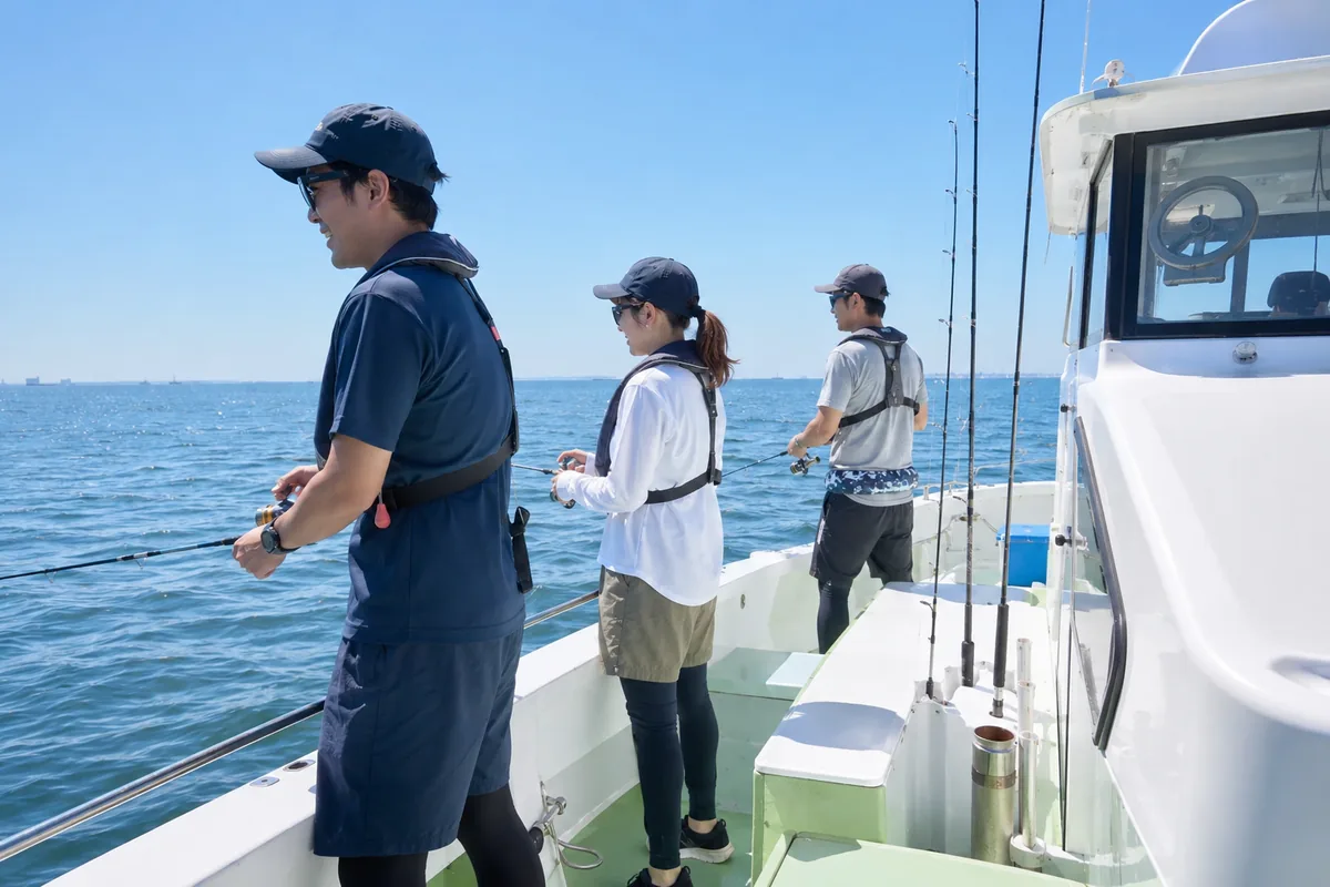 清潔な遊漁船のデッキで並んで竿を出す3人の釣り人