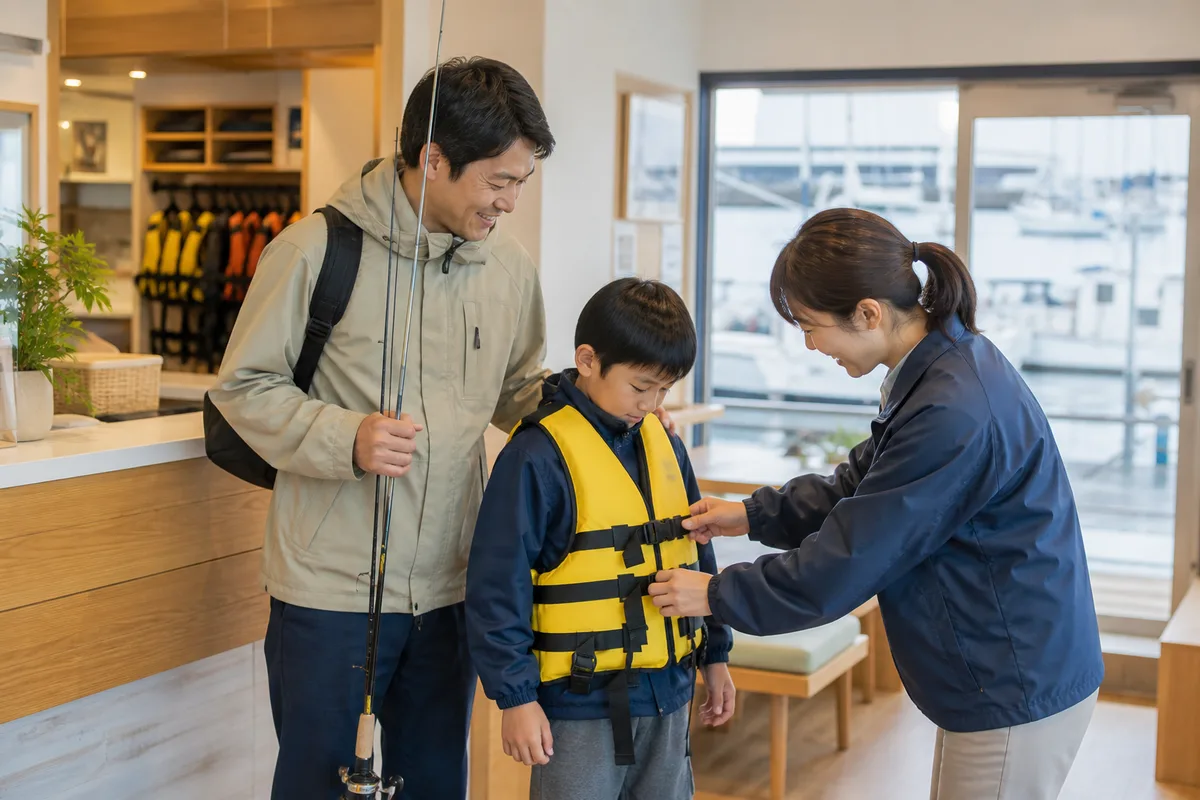 受付でレンタル竿を受け取り、子どものライフジャケットを確認する家族