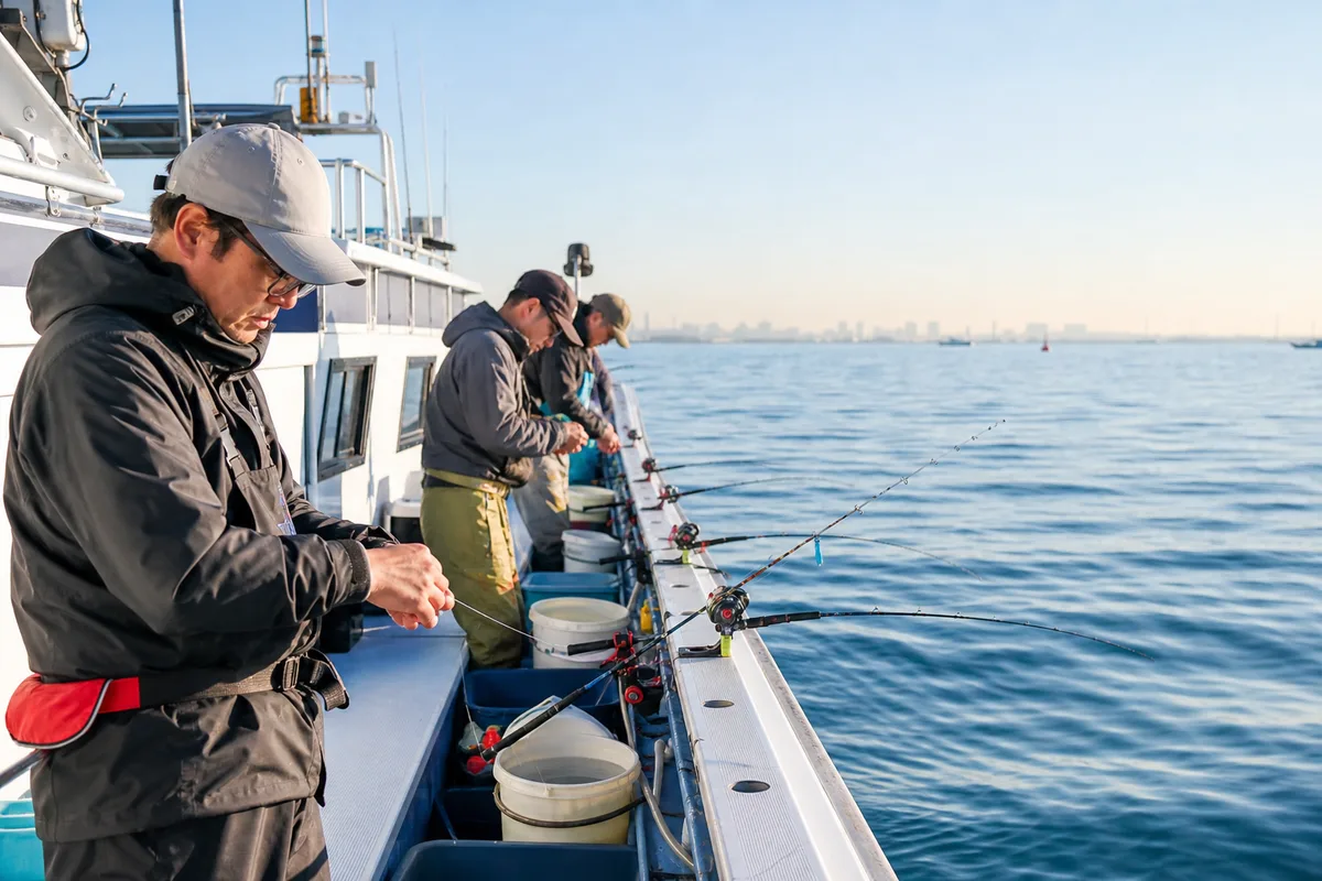 東京湾の穏やかな海を背景に、湾フグ船のデッキで出船準備をする釣り人たち