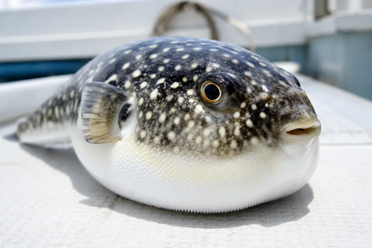 水揚げされたショウサイフグの接写。丸く膨らんだ体と特徴的な口元がわかる写真
