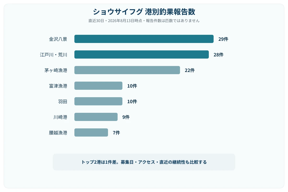 港別のショウサイフグ釣果報告数を比較した横棒グラフ。上位の港が突出し、以下の港がなだらかに続く様子を示した図解