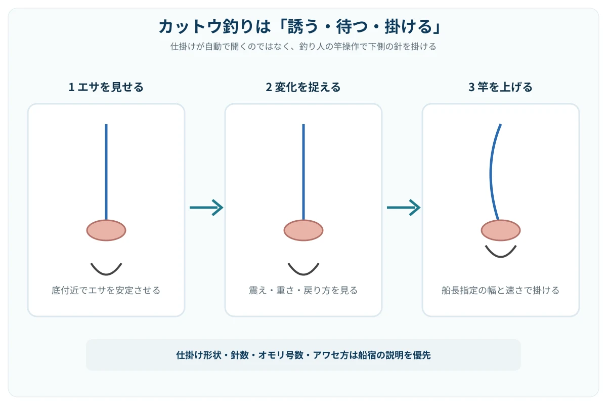 カットウ釣りの基本動作を示す図解。①エサを底付近で見せる②小さな変化を竿先で捉える③釣り人が竿を上げて下針を掛ける、の3段階