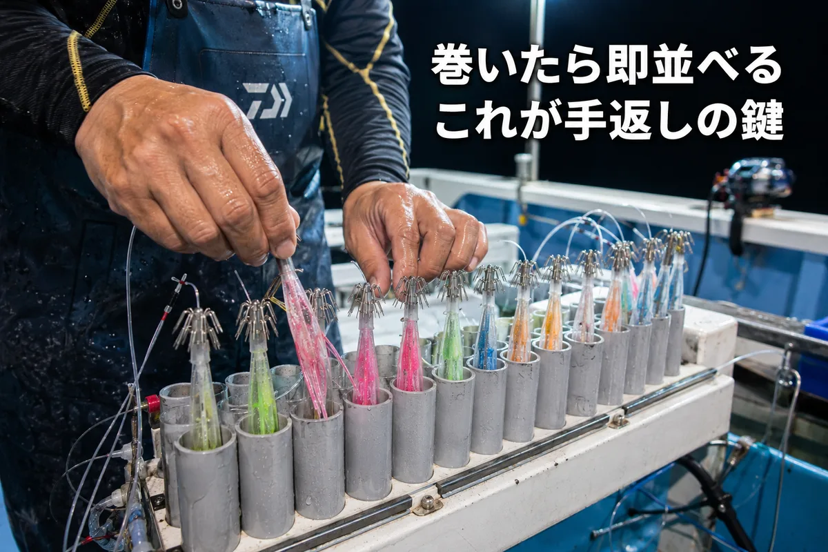 投入器をセットする釣り人の手元。プラヅノを一本ずつパイプに整列させ、次の投入に備える場面