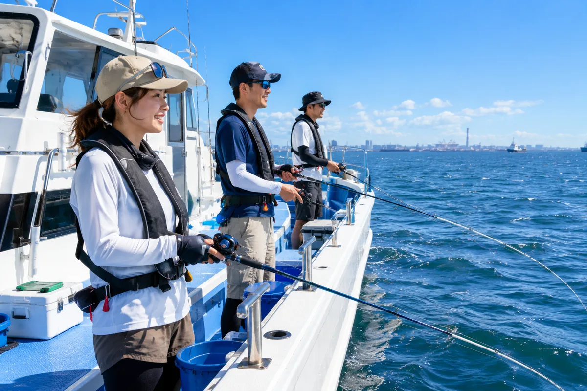 清潔な遊漁船のデッキで竿を構える3人の釣り人と、穏やかな東京湾の海面