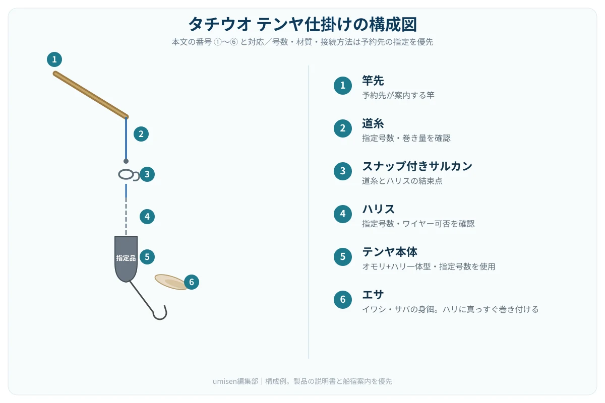 タチウオのテンヤ仕掛けの構成図。①竿先②道糸③スナップ付きサルカン④ハリス⑤テンヤ本体(オモリ+ハリ一体型)⑥イワシ・サバの身餌を白丸数字で示した解説イラスト