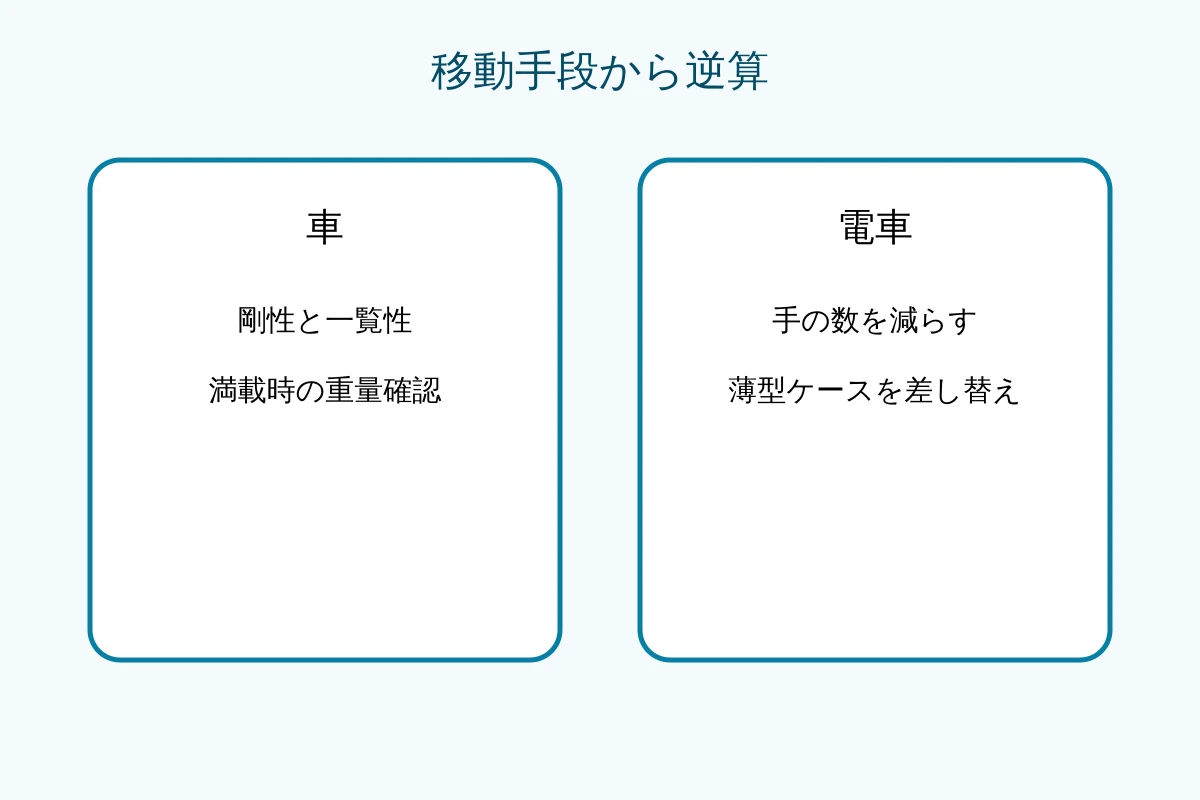 車移動と電車移動で荷物の分け方を比較した図