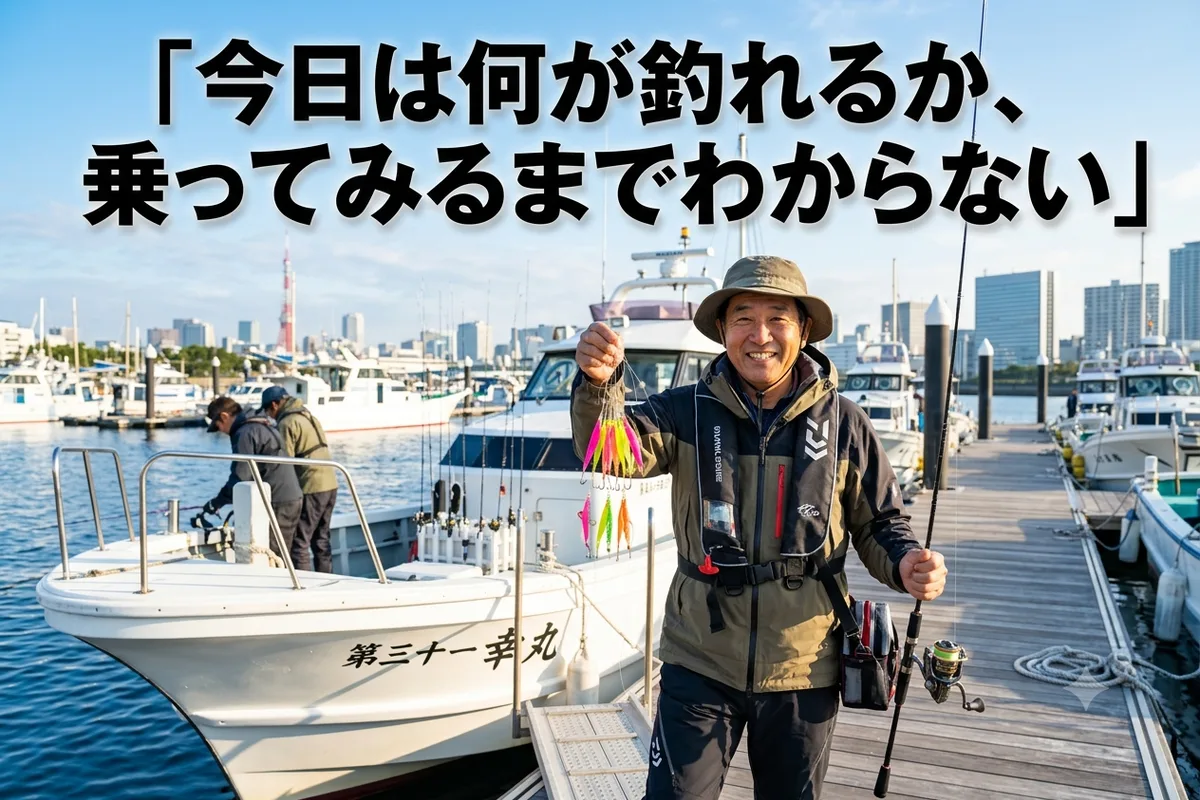 東京湾のマリーナで朝日を浴びながら、ウィリー仕掛けを手に笑顔で乗船準備をする釣り人。「今日は何が釣れるか、乗ってみるまでわからない」と大きく書かれた文字が画面上部に入る、明るく上質な朝の港の写真