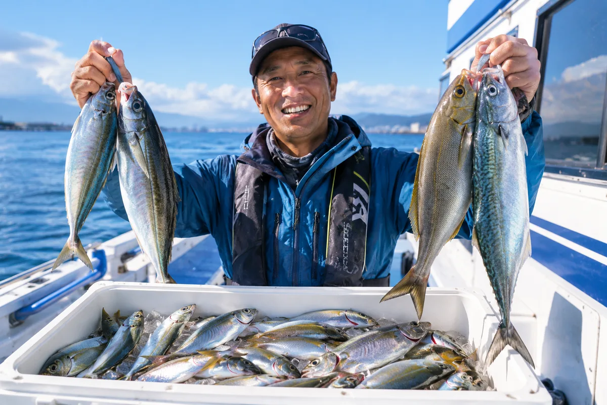 乗合船のデッキでクーラーボックスいっぱいに釣れたマアジ・イサキ・サバなど複数魚種を笑顔で見せる釣り人。明るい日差しの下、清潔な船のデッキで撮影された写真